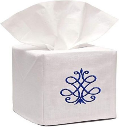 China Blue Linen/Cotton Tissue Box Cover with French Scroll, 4.5x4.5x5.25