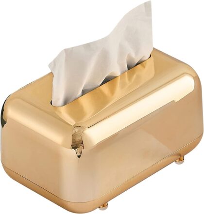 Gold Rectangular Tissue Box Cover with Non-Slip Bottom & Spring Design