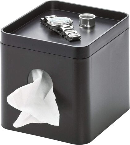 iDesign Facial Tissue Box Cover with Storage Tray, The Cade Collection – 6.1" x 5.15" x 5.4", Matte Black