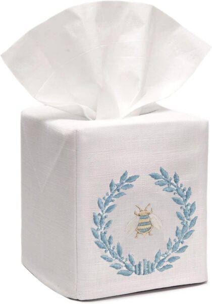 Duck Egg Blue Linen/Cotton Tissue Box Cover with Napoleon Bee Wreath